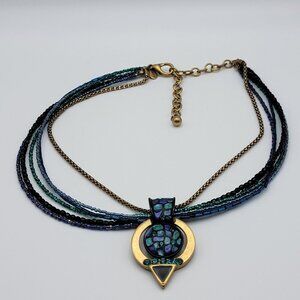 Chico's Gold Tone And Blue Seed Bead Art Deco Pendant Necklace 19.5 In